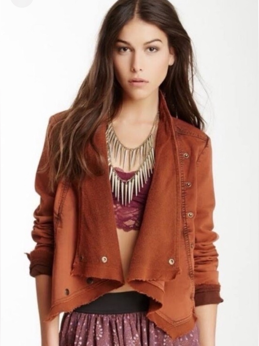 FP Boho Collapsing Hanna  raw edge Draped Utility Jacket in rustic orange